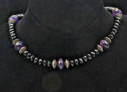 925 Sterling Silver  Vintage Hematite & Amethyst Beaded Chain Necklace  NE2852