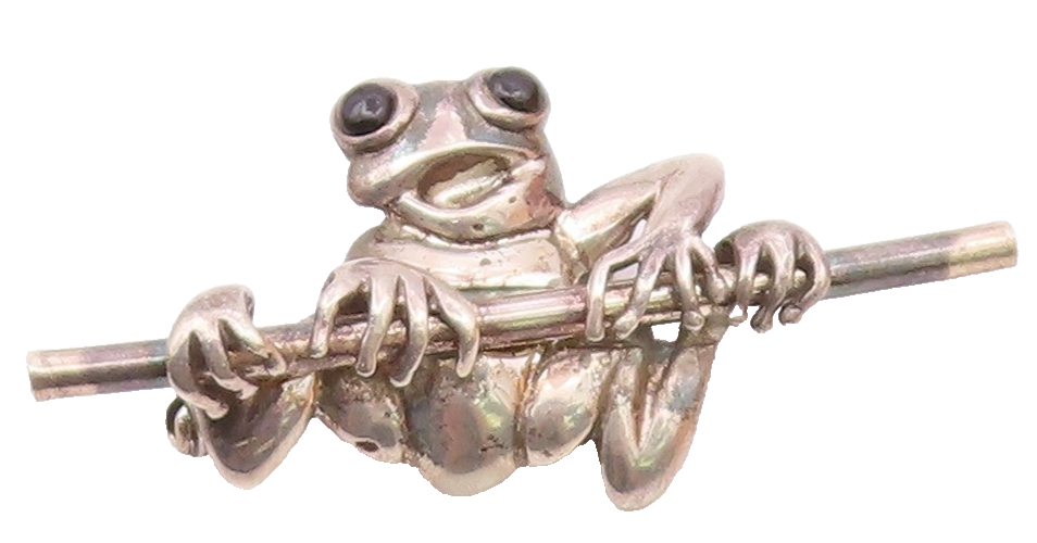 925 Sterling Silver  Vintage Black Onyx Eyes Frog Motif Brooch Pin  BP7899