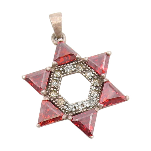 925 Sterling Silver Vintage Pendant Red CZ & Marcasite Star Of David  PT25146