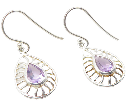 925 Sterling Silver  Shiny Pear Shape Amethyst Cutout Dangle Earrings  EG6010