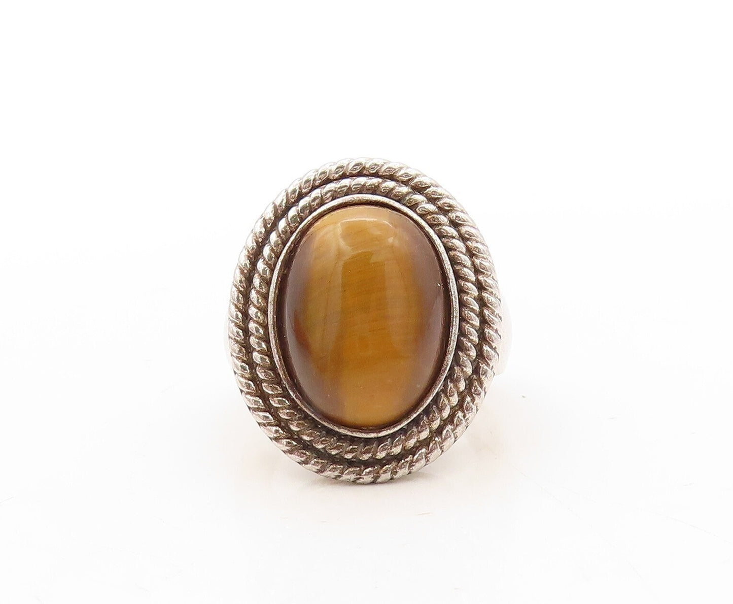 925 Sterling Silver Vintage Ring Tigers Eye Halo Twisted Rope  Sz 7.5  RG31071