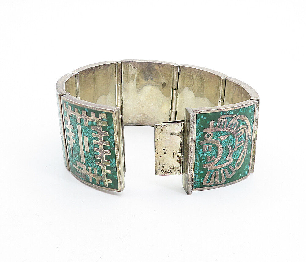 CFR MEXICO 925 Silver Vintage Inlaid Gemstone Traditional Chain Bracelet  BT3190