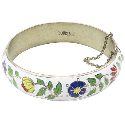 SIAM 925 Sterling Silver  Vintage Enamel Floral Detail Bangle Bracelet  BT6885