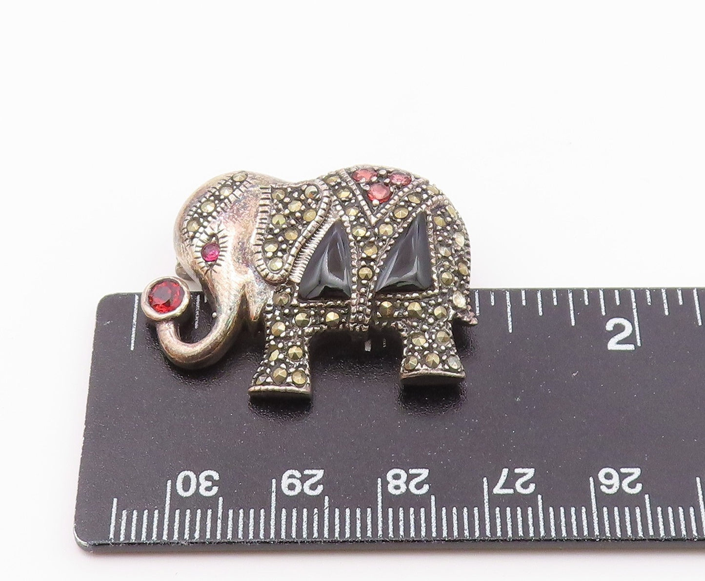 925 Silver  Vintage Spinel Onyx & Multi Stone Elephant Brooch Pin  BP9578