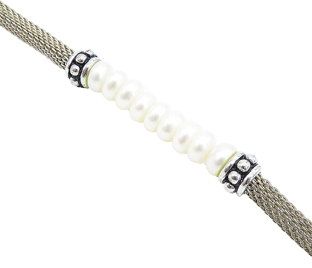 925 Sterling Silver   Vintage Button Pearls Beaded Mesh Chain Bracelet  BT3225