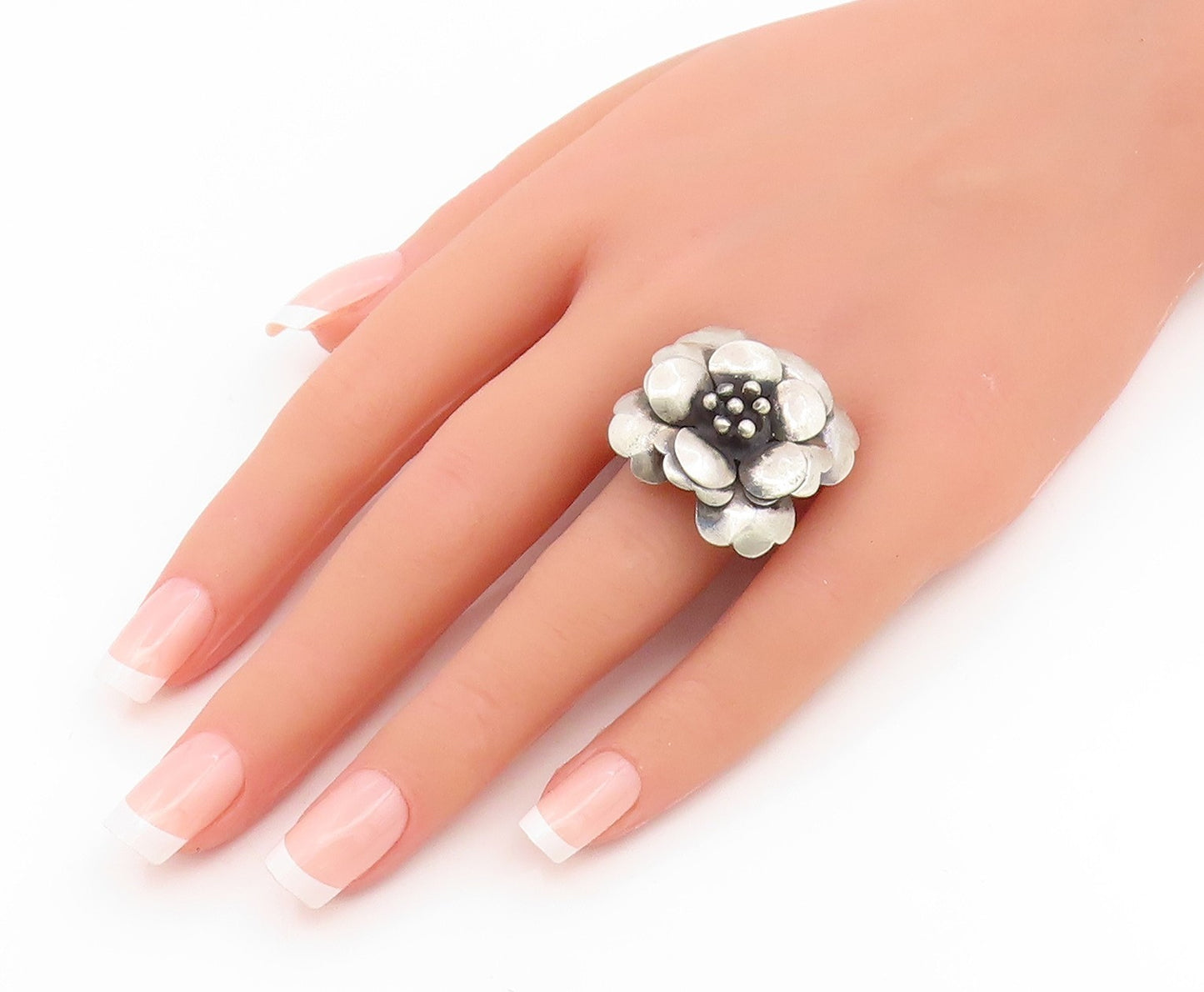 925 Sterling Silver Vintage Ring Modernist Carved Floral Rose  Sz 8.5  RG35110