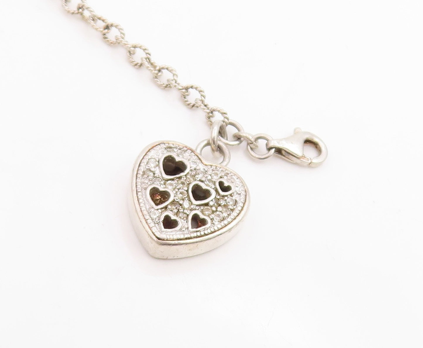 925 Sterling Silver Vintage Bracelet Genuine Diamonds Love Heart Chain  BT11854