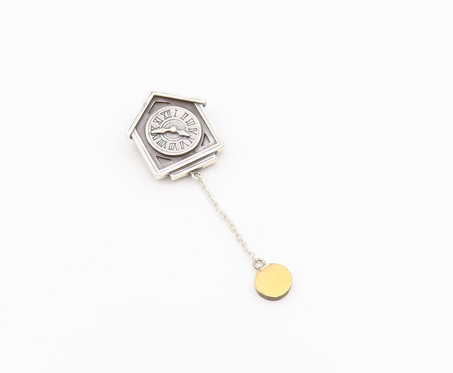 925 Sterling Silver Vintage Brooch Carved House Pendulum Wall Clock  BP11682