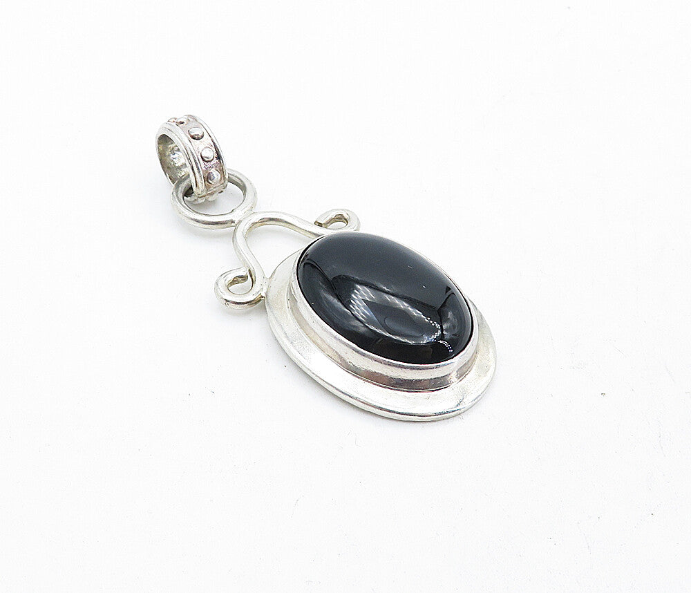 925 Sterling Silver  Vintage Cabochon Cut Black Onyx Oval Drop Pendant  PT3165