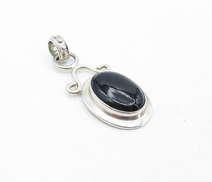 925 Sterling Silver  Vintage Cabochon Cut Black Onyx Oval Drop Pendant  PT3165