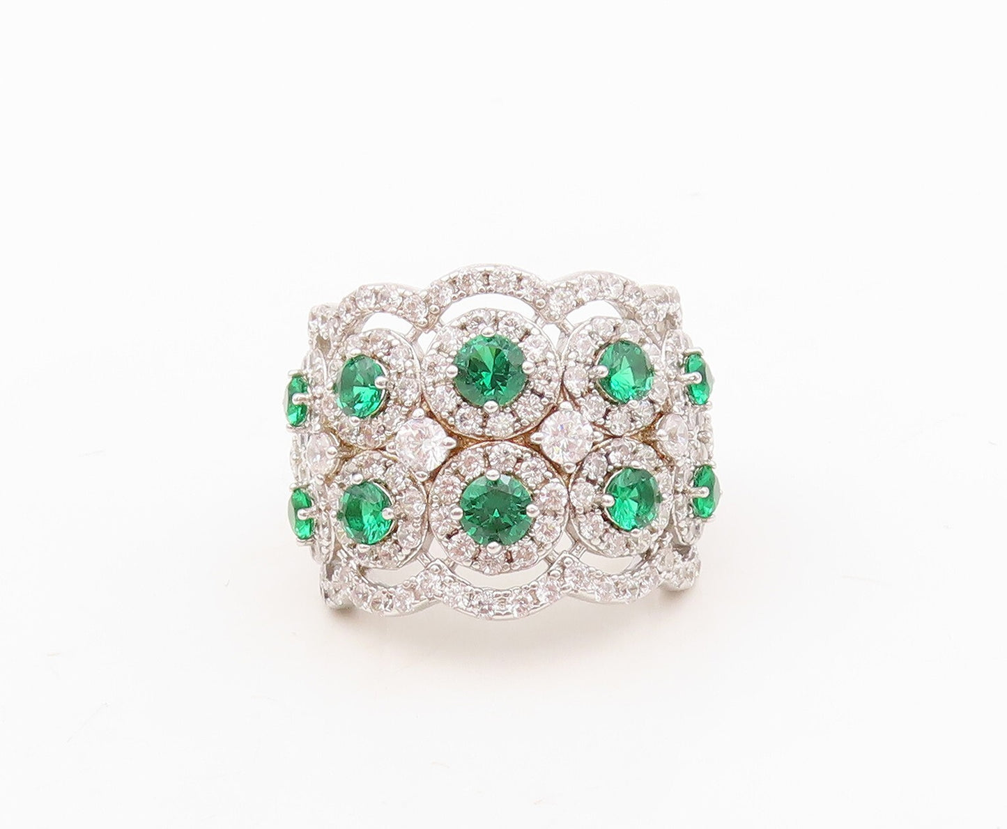 925 Sterling Silver Vintage Ring Round Green Halo White CZ Band  Sz 7  RG30444