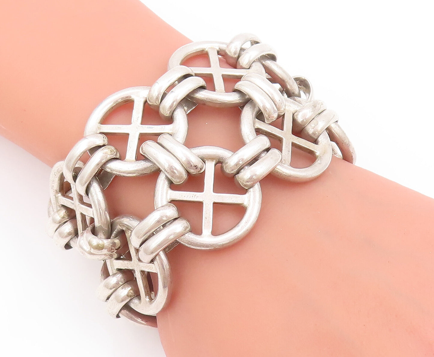 925 Sterling Silver Vintage Bracelet Designer Circular Framed X Heavy  BT10414