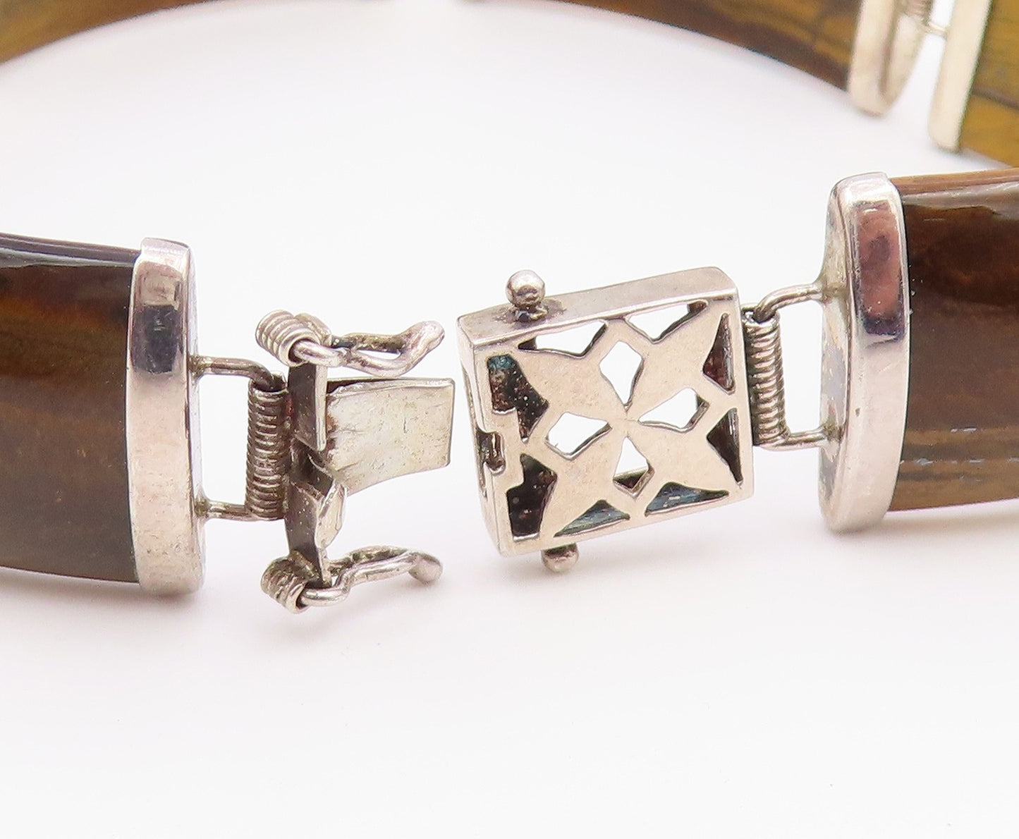 925 Sterling Silver Vintage Bracelet Tiger's Eye Curved Panel Link  BT12182