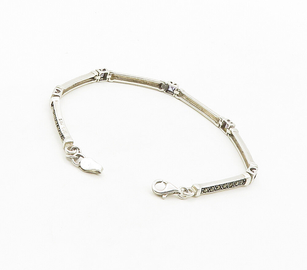 925 Sterling Silver   Cubic Zirconia & Marcasite Bar Chain Bracelet  BT6411