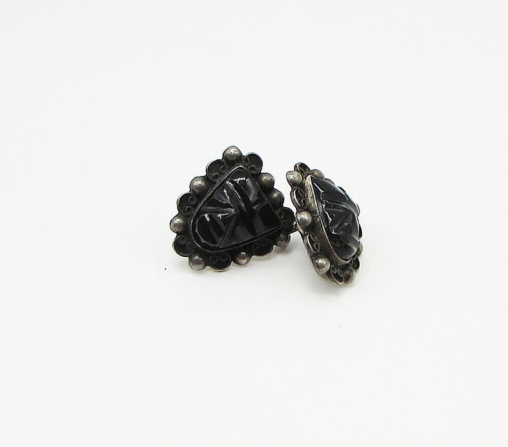 MEXICO 925 Silver  Vintage Carved Onyx Non Pierced Screw Back Earrings  EG1966