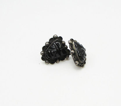 MEXICO 925 Silver  Vintage Carved Onyx Non Pierced Screw Back Earrings  EG1966