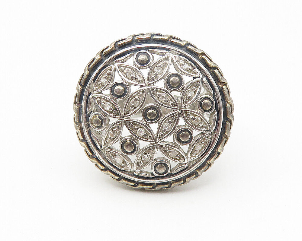 925 Sterling Silver  Shiny Topaz Floral Pattern Cocktail Ring Sz 9  RG10834