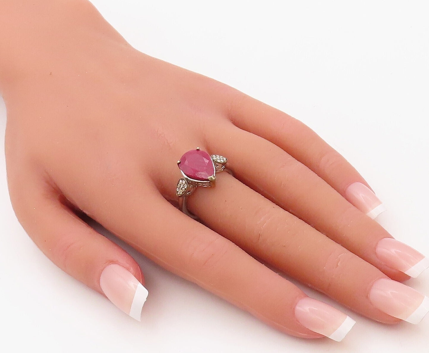 925 Sterling Silver Vintage Ring Diamonds & Drop Cut Ruby  Sz 8  RG30767