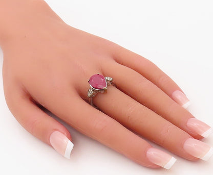 925 Sterling Silver Vintage Ring Diamonds & Drop Cut Ruby  Sz 8  RG30767