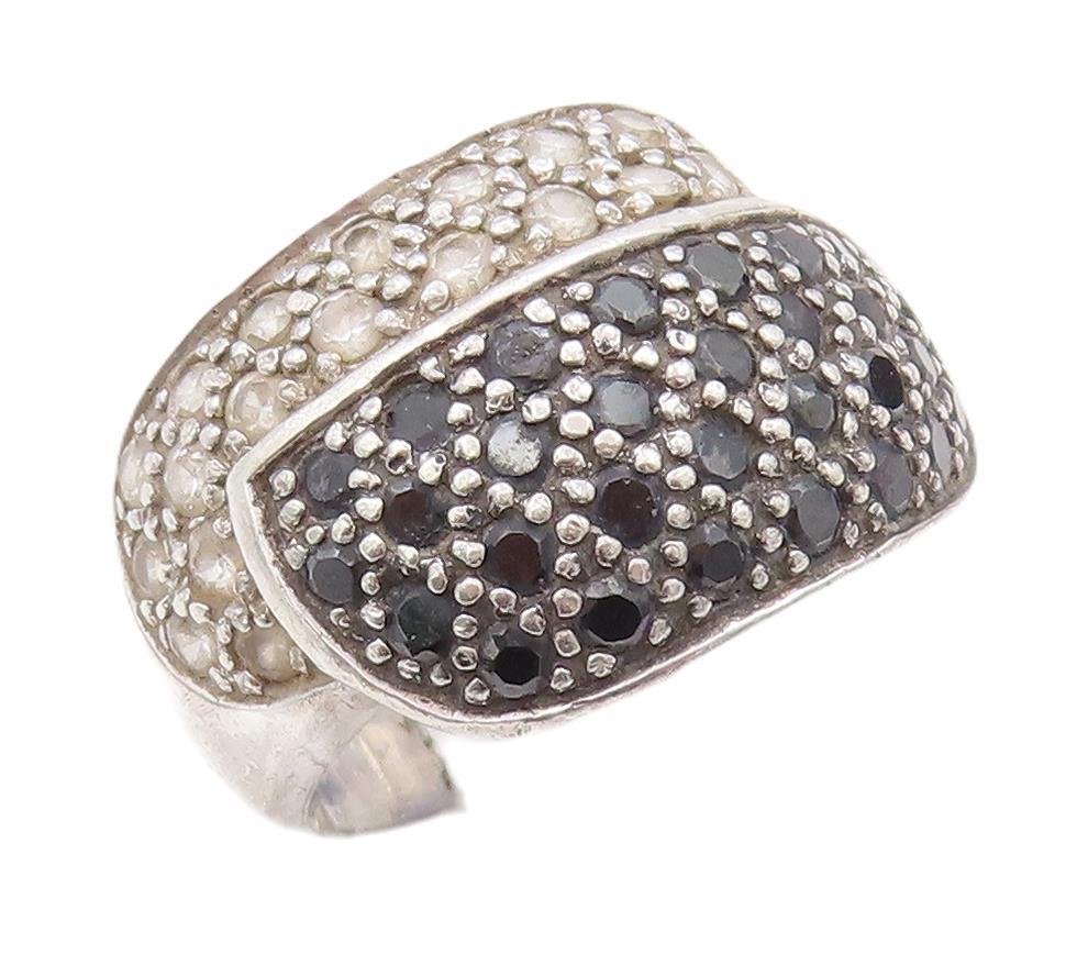 925 Sterling Silver Vintage Ring Designer Carved Inlay Onyx & Topaz Sz 8 RG28538