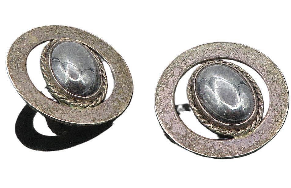 MEXICO 925 Silver  Vintage Hematite Dark Tone Twist Non Pierce Earrings EG6054