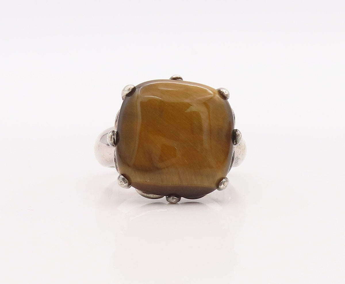 925 Sterling Silver Vintage Ring Cabochon Square Shape Tigers Eye  Sz 8  RG28926