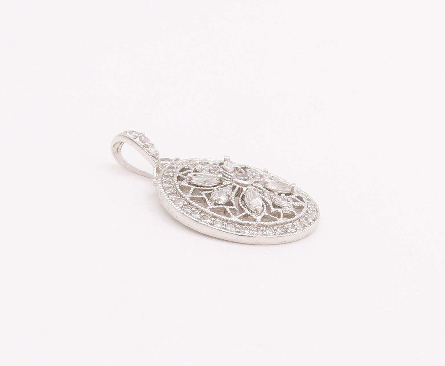 925 Sterling Silver Vintage Pendant Cutout CZ Inlay Carved Flower  PT23078