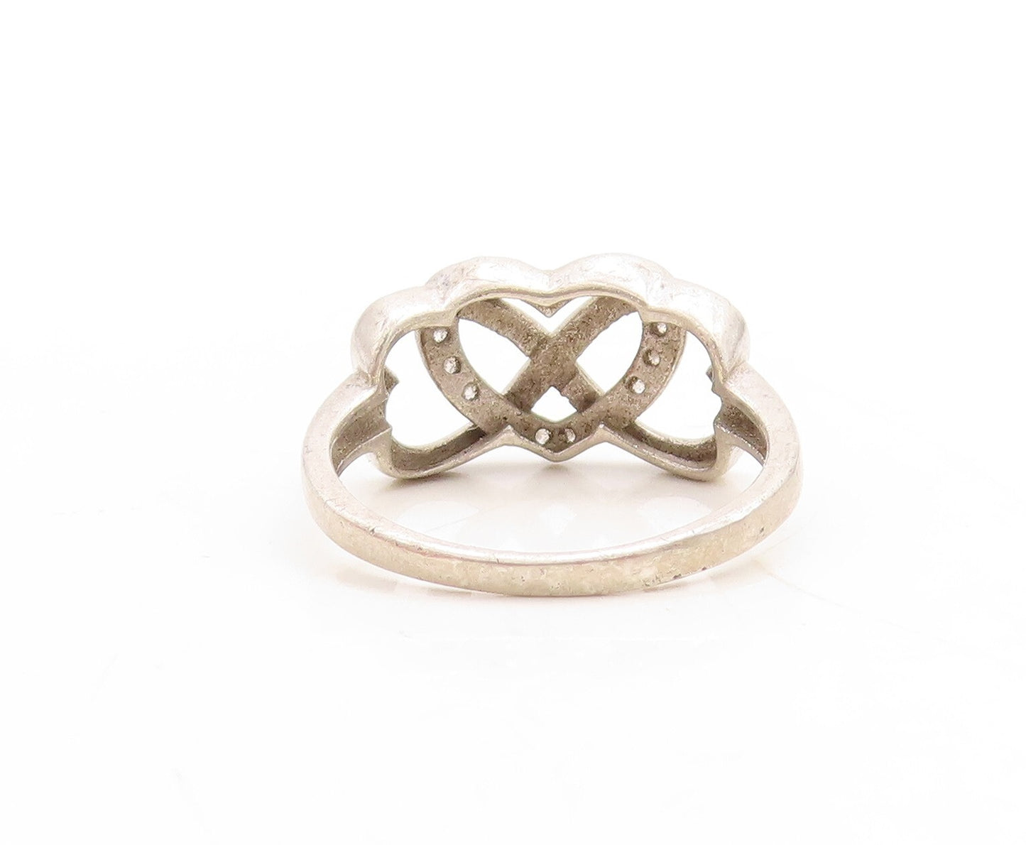 925 Sterling Silver Vintage Ring Topaz Inlay Infinity Hearts Cutout Sz 8 RG31629
