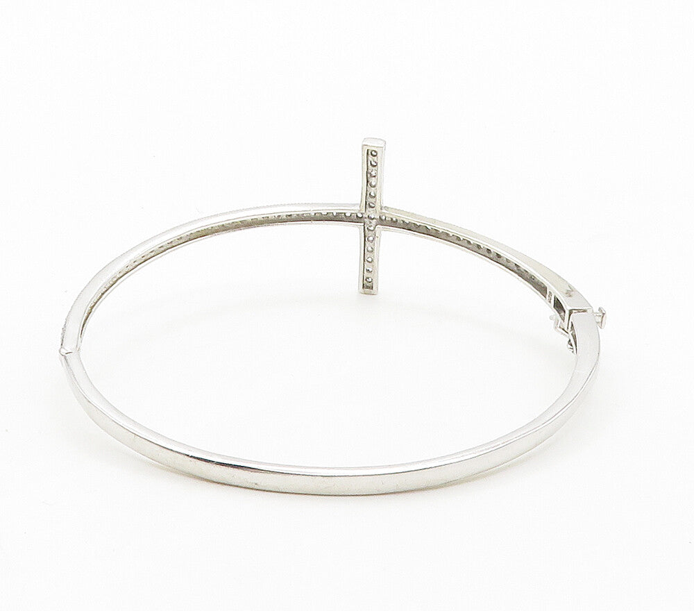 925 Sterling Silver  Cubic Zirconia Religious Cross Bangle Bracelet  BT6228