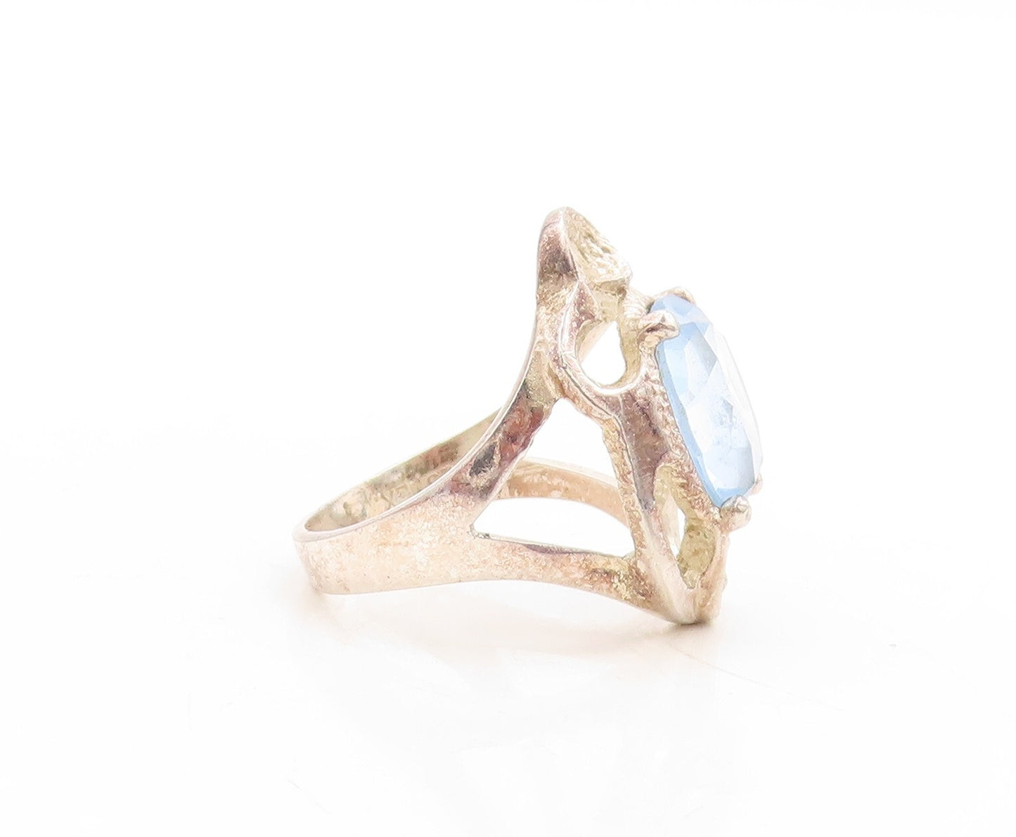 925 Sterling Silver Vintage Ring Brutalist Cutout Oval Topaz  Sz 7.5  RG31576