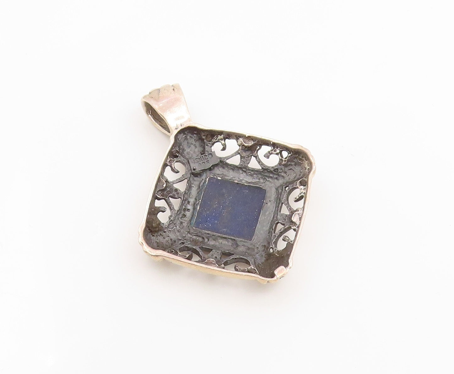 925 Sterling Silver Vintage Pendant MEXICO Lapis Lazuli Geometric Charm  PT26036