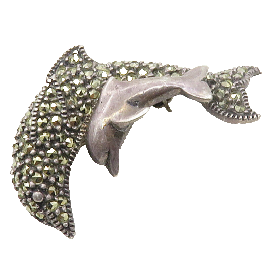 JUDITH JACK 925 Silver  Vintage Marcasite Mom & Baby Dolphin Brooch Pin BP6677
