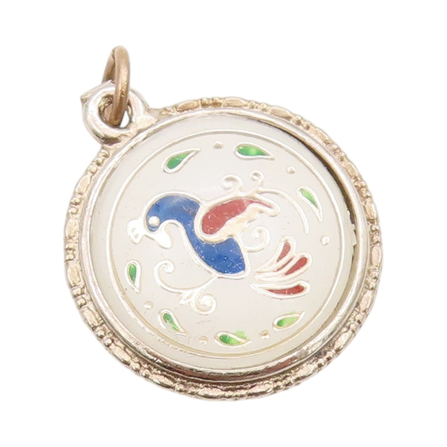 925 Sterling Silver Vintage Pendant 2 Side Enameled Flower & Peacock  PT24507