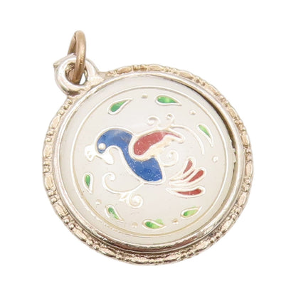 925 Sterling Silver Vintage Pendant 2 Side Enameled Flower & Peacock  PT24507