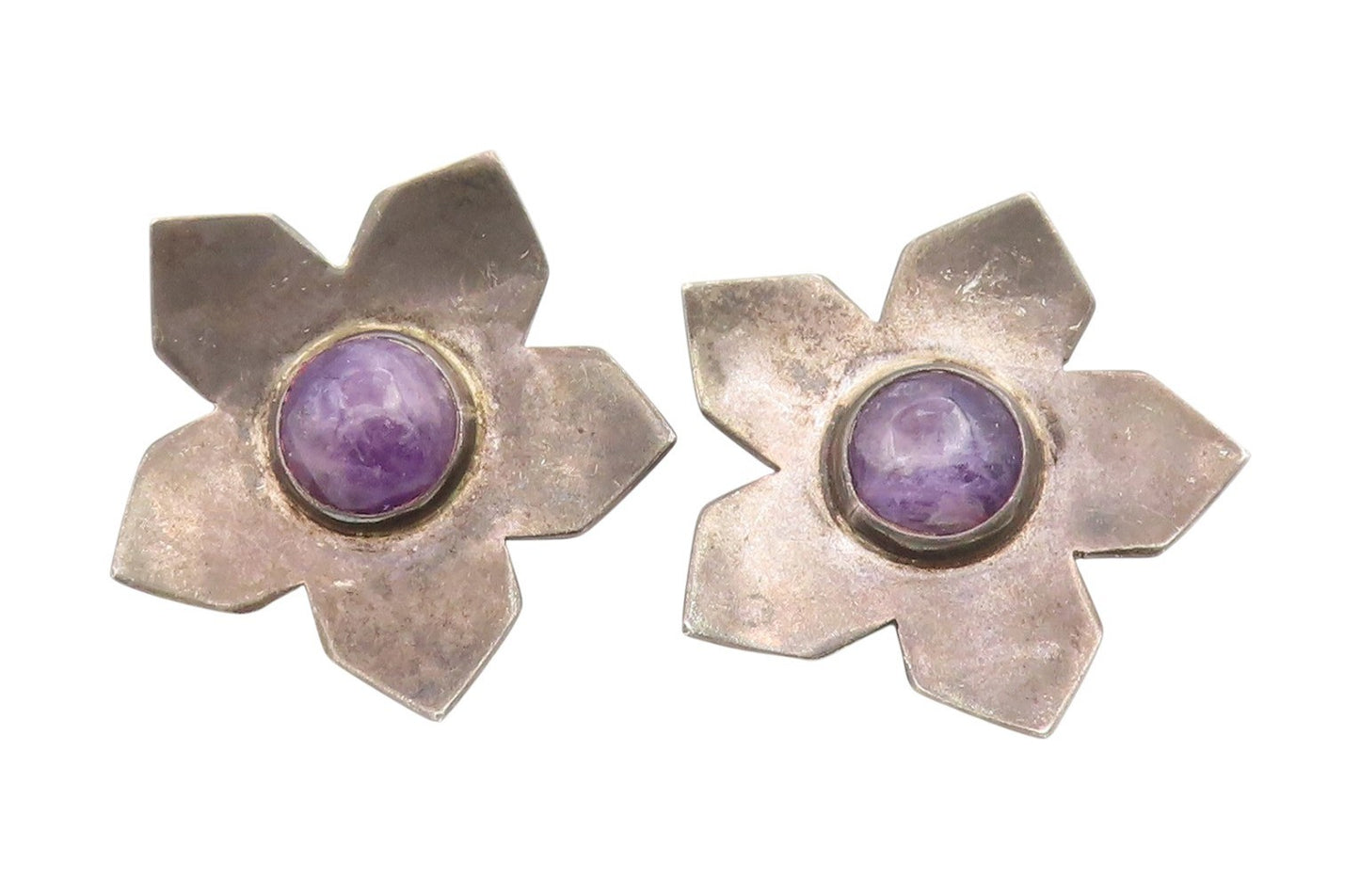 925 Sterling Silver Vintage Earrings MEXICO Cabochon Amethyst Flower  EG14093