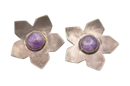 925 Sterling Silver Vintage Earrings MEXICO Cabochon Amethyst Flower  EG14093