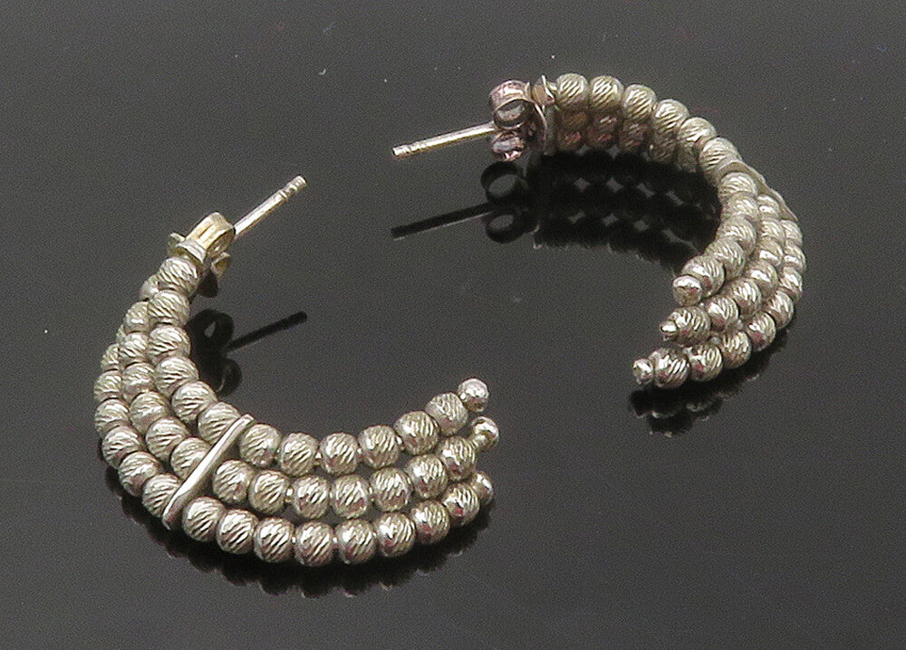 925 Sterling Silver  Vintage Shiny Petite Beaded Curve Drop Earrings  EG7748
