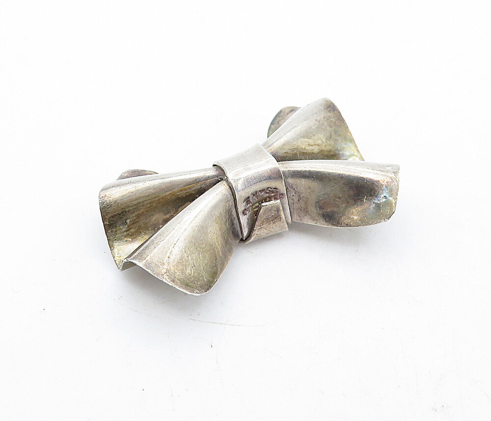 MEXICO 925 Sterling Silver  Vintage Shiny Dark Tone Bow Tie Brooch Pin  BP2036