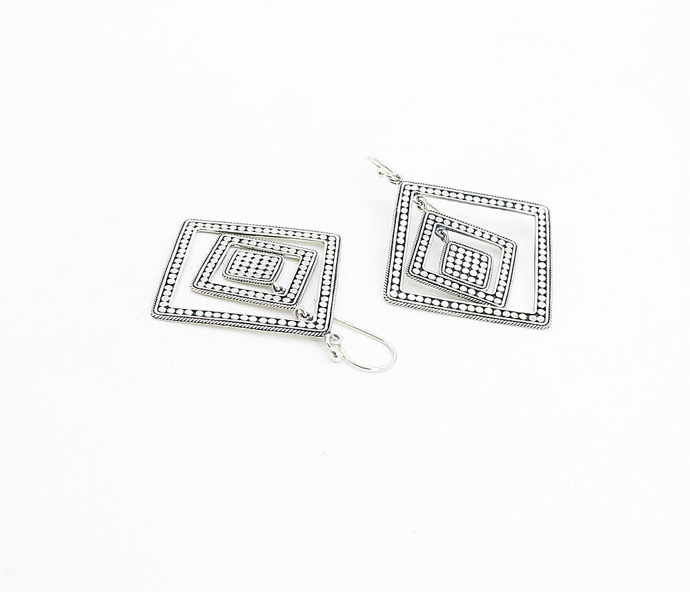 925 Sterling Silver  Shiny Circle Patterned Square Dangle Earrings  EG3429