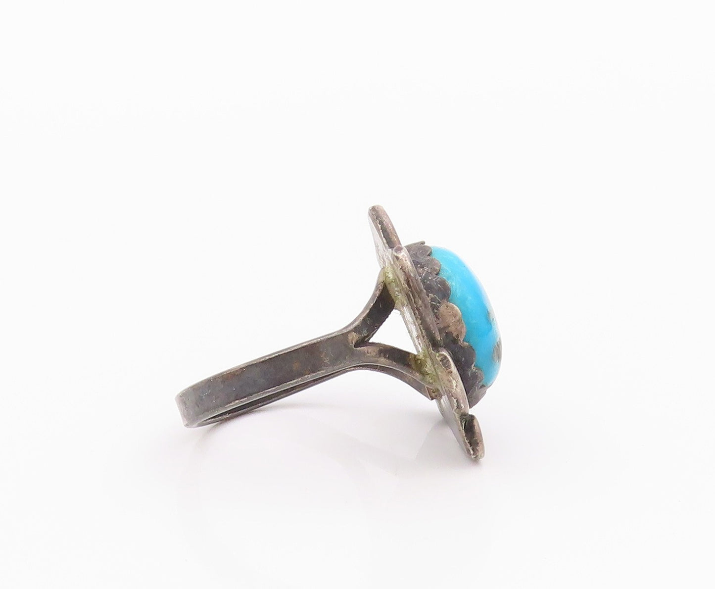 925 Sterling Silver Vintage Ring NAVAJO Oval Turquoise Flower  Sz 6  RG32544