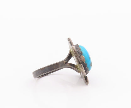 925 Sterling Silver Vintage Ring NAVAJO Oval Turquoise Flower  Sz 6  RG32544