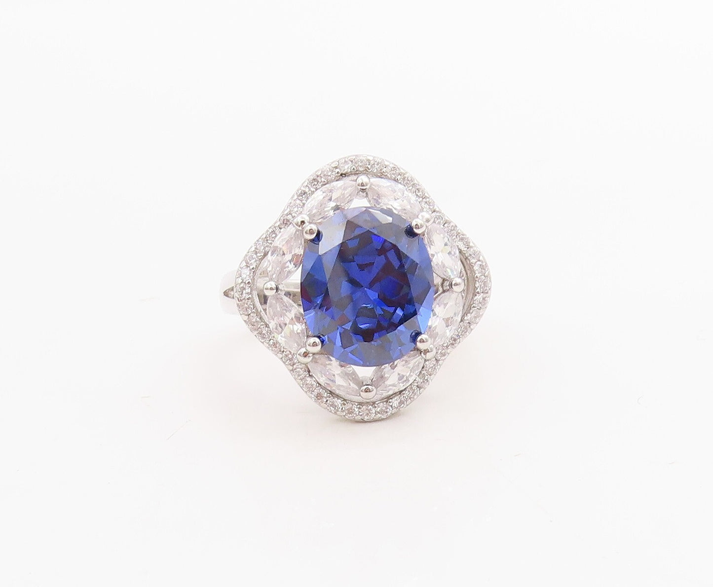 925 Sterling Silver Vintage Ring Oval Sapphire & CZ Floral Inlay Sz 7.5  RG30704