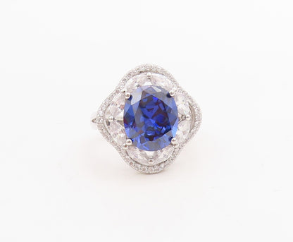 925 Sterling Silver Vintage Ring Oval Sapphire & CZ Floral Inlay Sz 7.5  RG30704