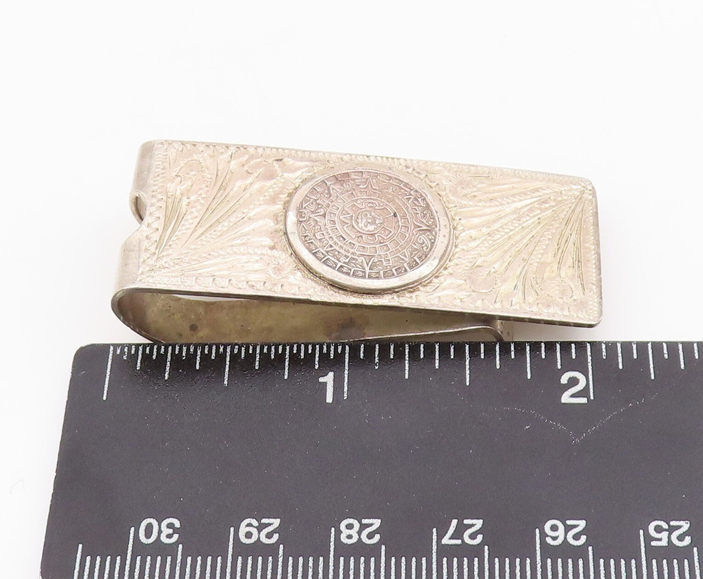 925 Sterling Silver Vintage Money Clip Dark Tone Floral Carved Aztec Sun  TR3869