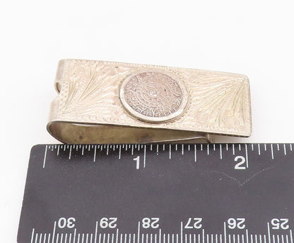 925 Sterling Silver Vintage Money Clip Dark Tone Floral Carved Aztec Sun  TR3869