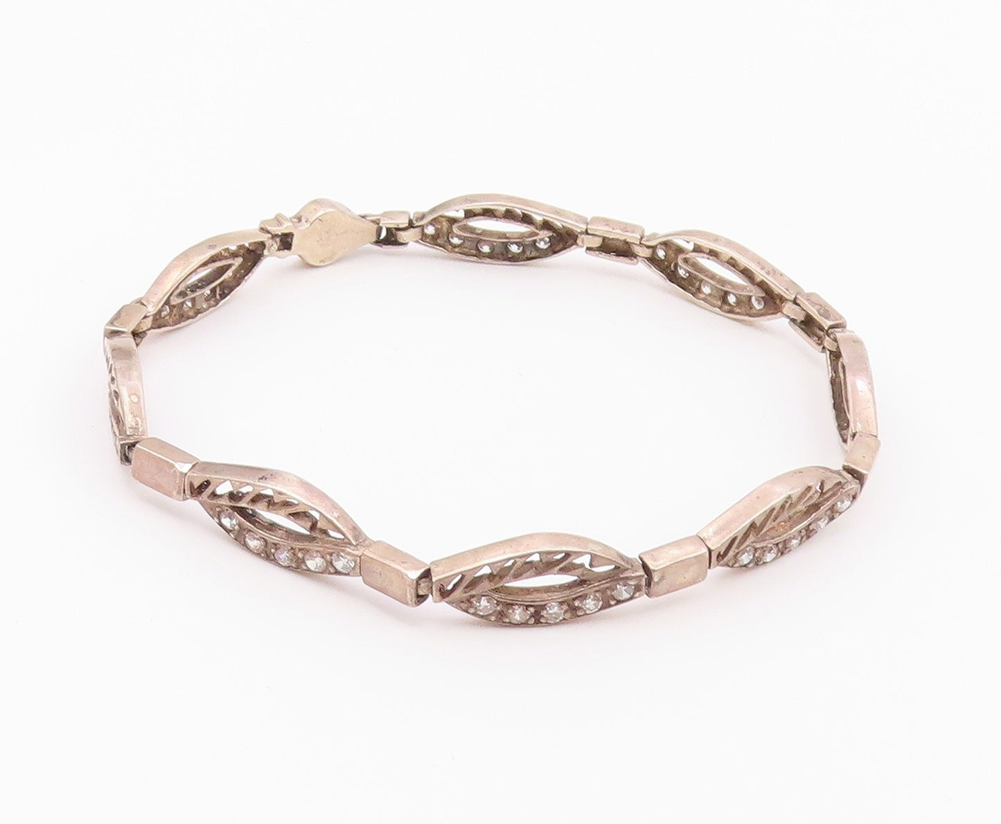 925 Sterling Silver  Vintage Topaz Cutout Detail Hinge Chain Bracelet  BT7724