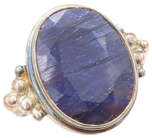 925 Sterling Silver Vintage Ring Oval Cut Blue Gemstone Inlay  Sz 7.5  RG30668