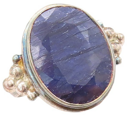 925 Sterling Silver Vintage Ring Oval Cut Blue Gemstone Inlay  Sz 7.5  RG30668