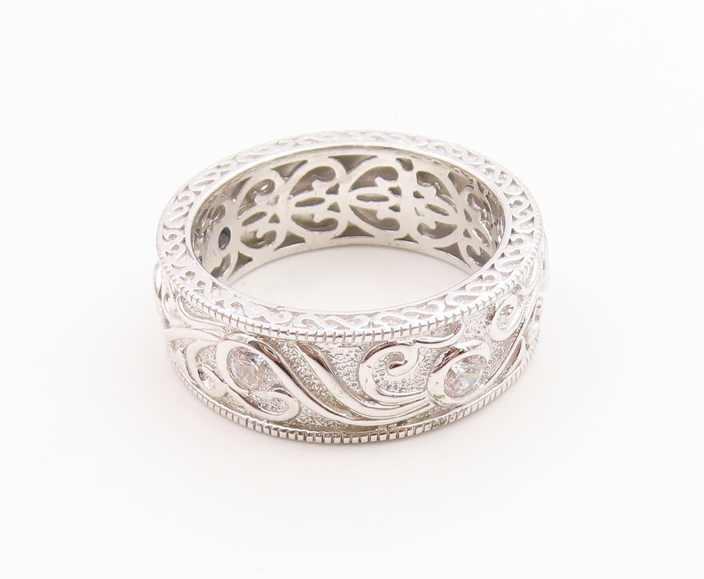 925 Sterling Silver Vintage Ring VANNA K CZ Leaf Scrollwork Band  Sz 8  RG35876