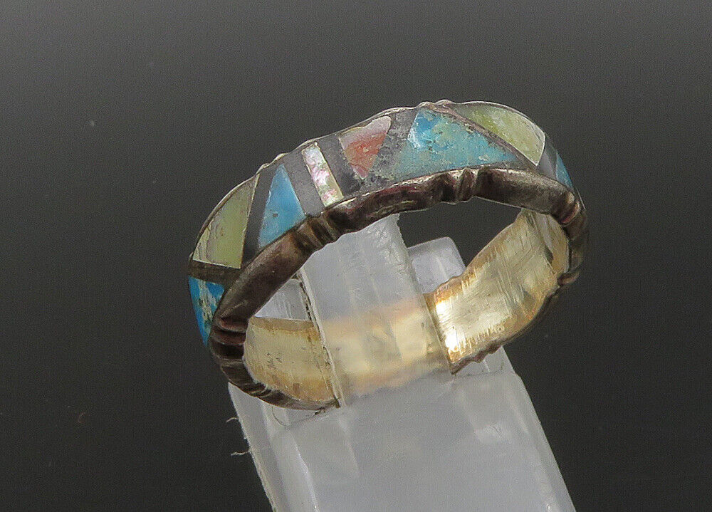 ZUNI NAVAJO 925 Silver  Vintage Turquoise & Mother Of Pearl Ring Sz 8  RG22896